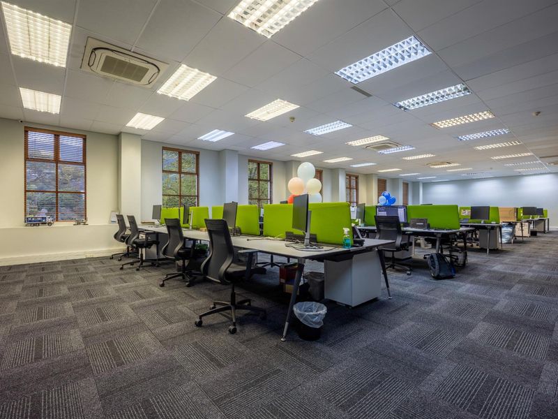 Spacious open-plan office area featuring recessed ceiling lighting, carpeted flooring, and large windows providing natural light.