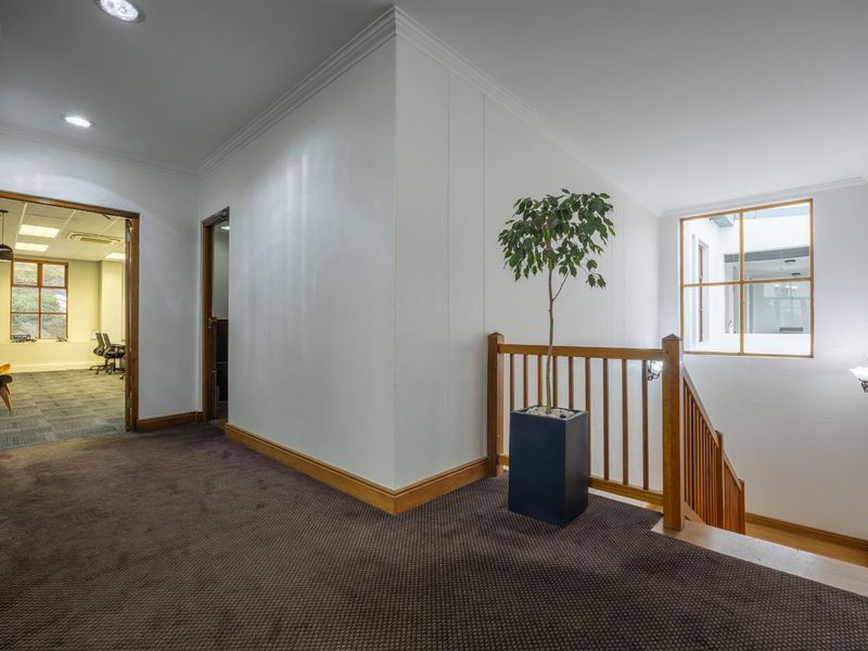 A bright office hallway featuring carpeted flooring, wooden staircase railings, and recessed ceiling lighting, providing access to multiple office rooms.