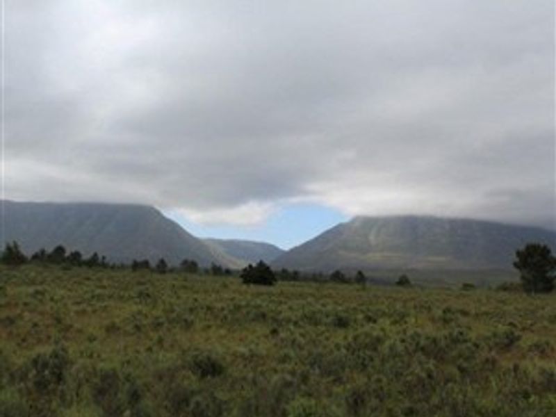 A scenic landscape view of the farm property featuring open fields and distant mountain ranges under a cloudy sky.