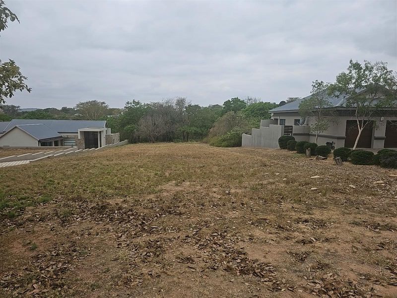 A vacant residential plot situated between existing modern homes, featuring natural vegetation and established boundary walls in a quiet estate setting.
