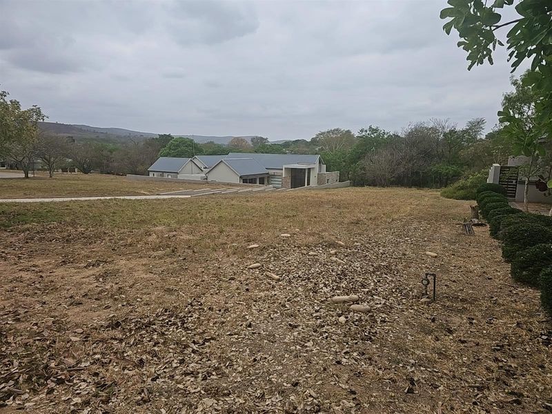 A view of a vacant residential plot featuring natural landscaping, dry grass, and a distant view of a modern house structure.