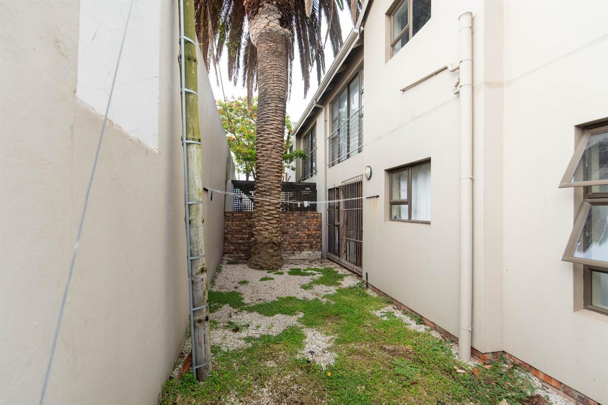 A narrow rear exterior space featuring a gravel ground cover, a large palm tree, and access to the apartment's rear facade.