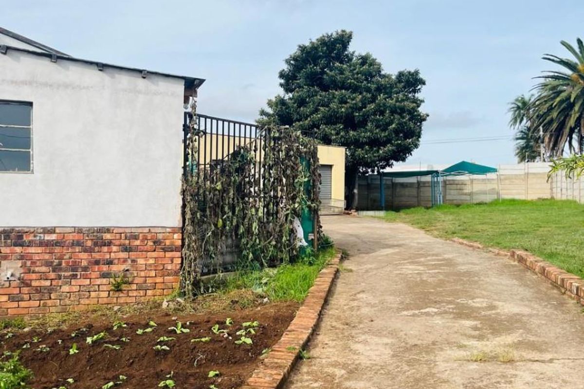 Rear exterior view showing a concrete driveway, brick garden edging, and perimeter security fencing with a large garden area.