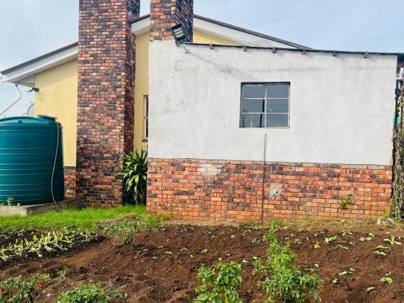 Rear exterior view of the property featuring a brick chimney, water storage tank, and a cultivated garden area.