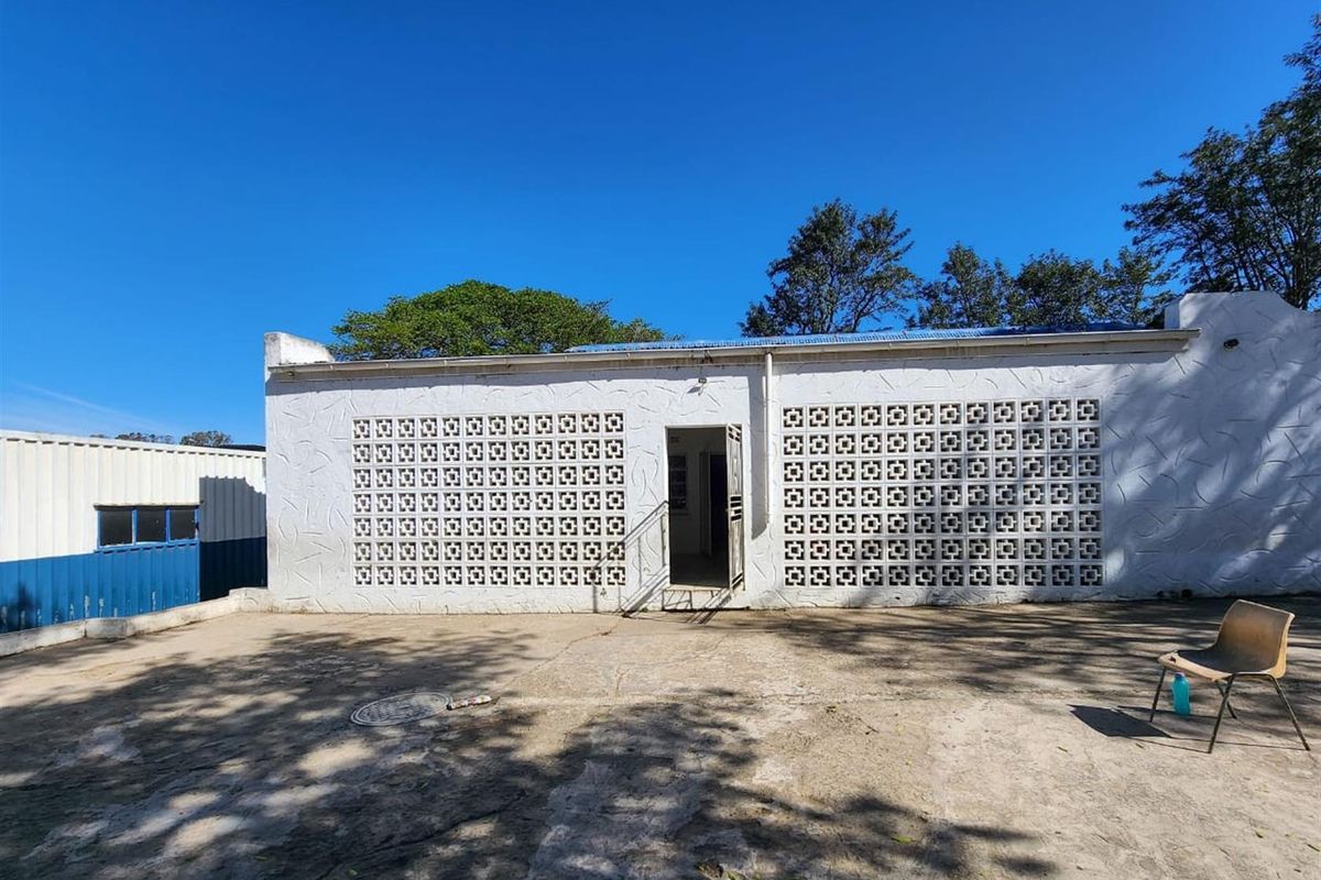Rear exterior view of a commercial building featuring a distinctive breeze block screen wall and concrete paved yard area.