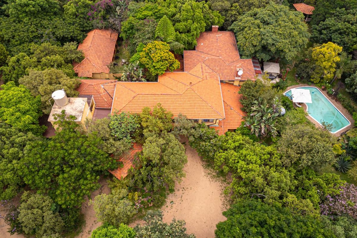 Aerial view of a guest house property featuring a large tiled roof, mature garden surroundings, and a swimming pool.