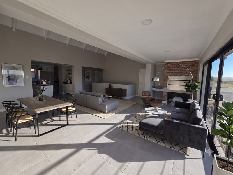 Spacious open-plan living and dining area featuring high exposed beam ceilings, tiled floors, and a prominent brick fireplace with a built-in braai.