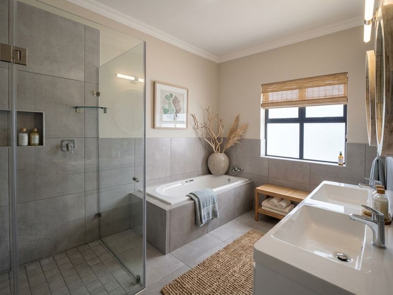 Modern bathroom featuring a double vanity, a built-in bathtub, and a spacious walk-in shower with a glass enclosure and neutral grey tiling.