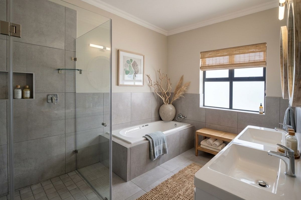 Modern bathroom featuring a double vanity, a built-in bathtub, and a spacious walk-in shower with a glass enclosure and neutral grey tiling.