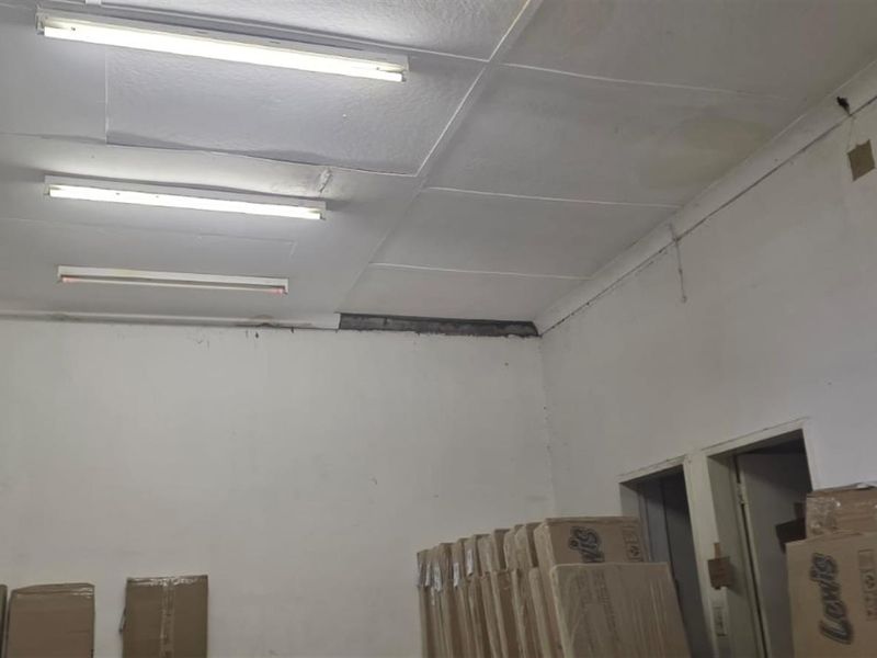 An empty utility or storage space featuring fluorescent lighting and a suspended ceiling, currently showing signs of wear and maintenance requirements.
