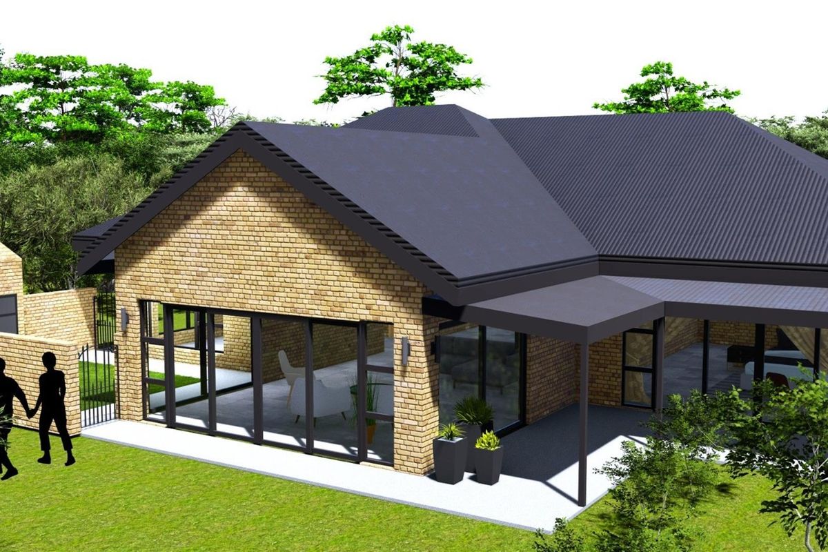 A 3D architectural rendering of a modern brick house featuring a covered patio, large glass sliding doors, and an outdoor brick fireplace.