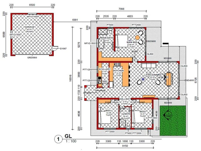 Architectural floor plan showing the layout of a residential house including bedrooms, kitchen, living area, and garage.
