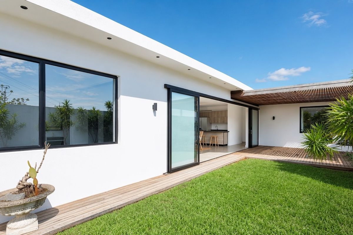A modern rear exterior featuring a timber deck, manicured lawn, and large sliding glass doors providing seamless indoor-outdoor flow.