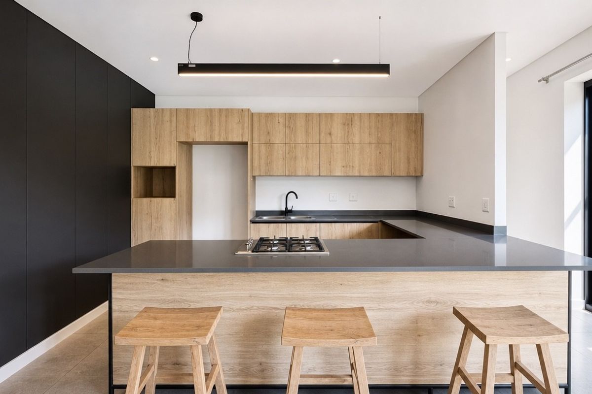 Modern kitchen featuring light wood cabinetry, dark stone countertops, a built-in gas hob, and sleek black fixtures with direct access to the outdoor area.