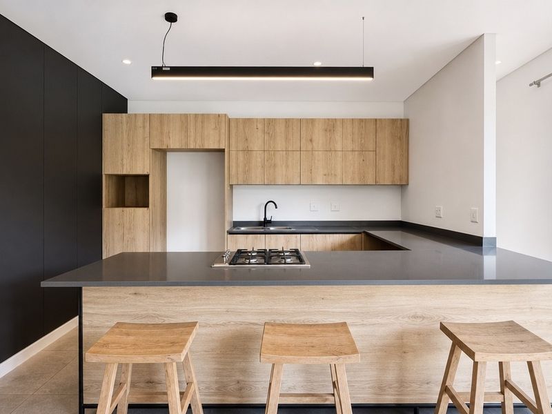 Modern kitchen featuring light wood cabinetry, dark stone countertops, a built-in gas hob, and sleek black fixtures with direct access to the outdoor area.