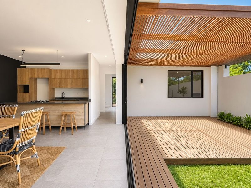 Modern open-plan living area featuring a sleek kitchen and seamless transition to a covered timber deck and garden through large sliding glass doors.