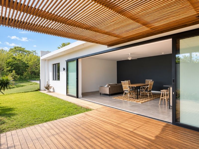 Modern covered patio featuring timber decking and a slatted pergola, seamlessly connecting to an open-plan living area through large sliding glass doors.