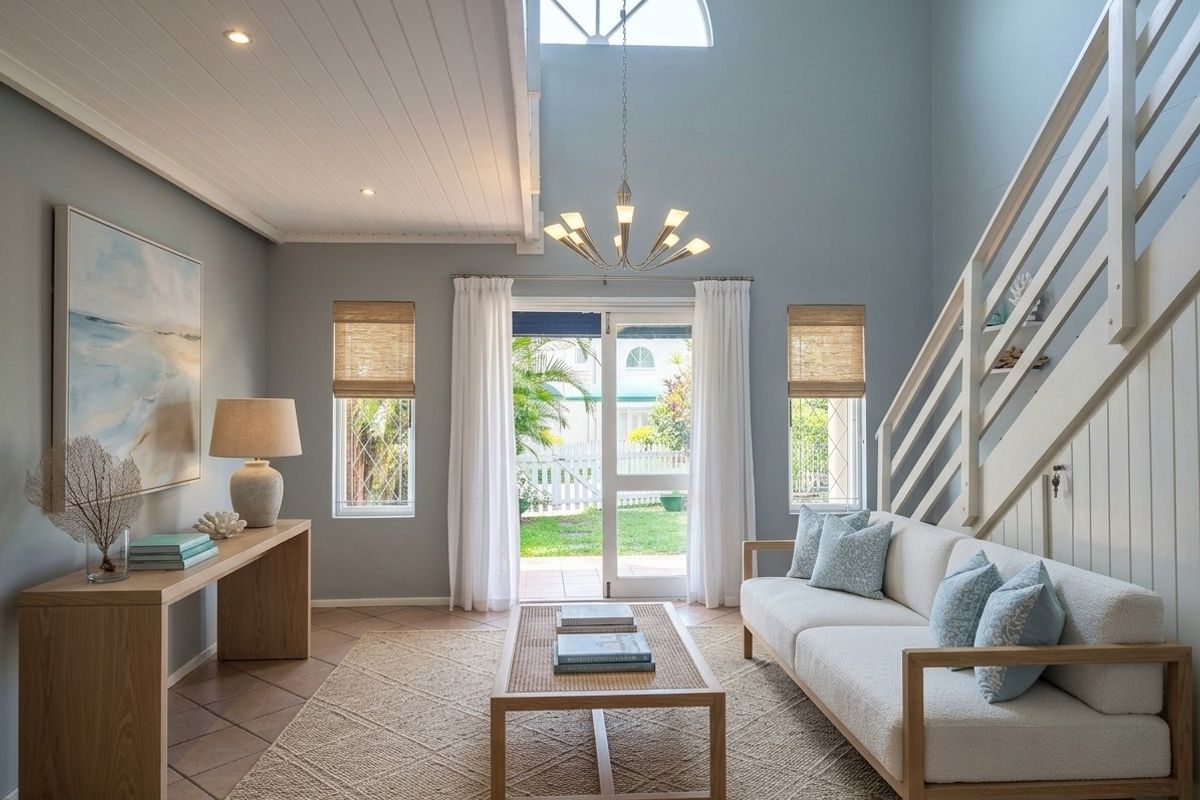 Bright living room featuring a double-volume vaulted ceiling, staircase with timber balustrade, and sliding glass doors opening to a rear garden.