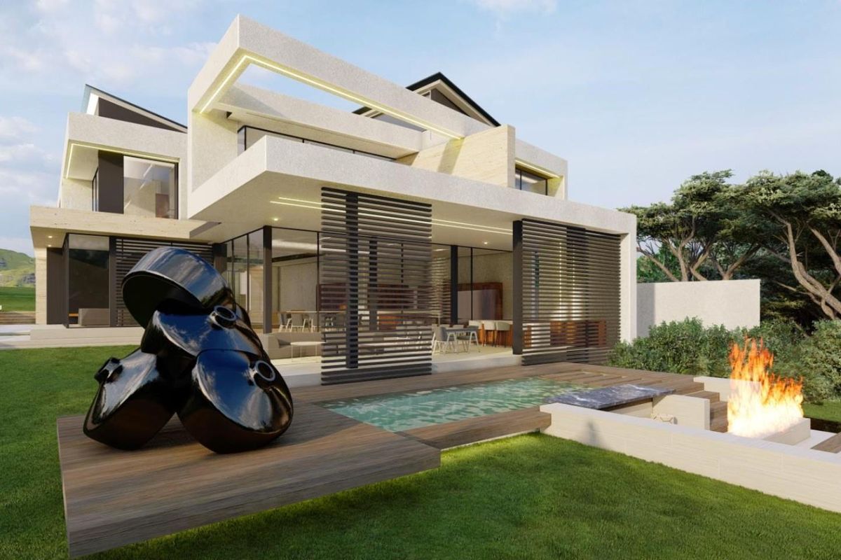 A modern architectural rendering of a luxury residence featuring a swimming pool, sunken fire pit, and expansive outdoor living space.