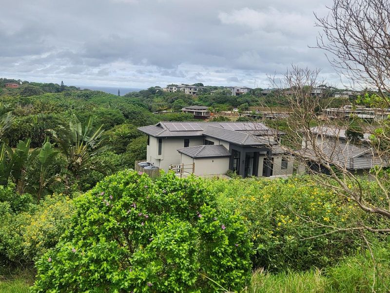 Elevated view of a modern residential property nestled within a lush, green landscape with distant coastal scenery.