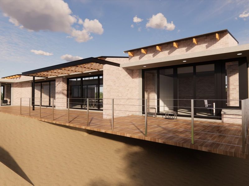 A modern architectural rendering of a rear exterior featuring extensive timber decking, stainless steel railings, and large sliding glass doors under a timber pergola.