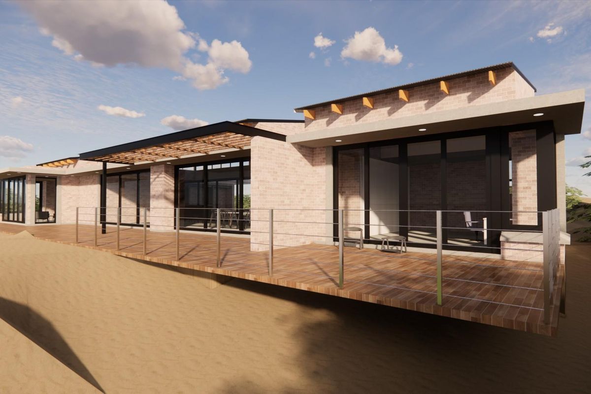 A modern architectural rendering of a rear exterior featuring extensive timber decking, stainless steel railings, and large sliding glass doors under a timber pergola.