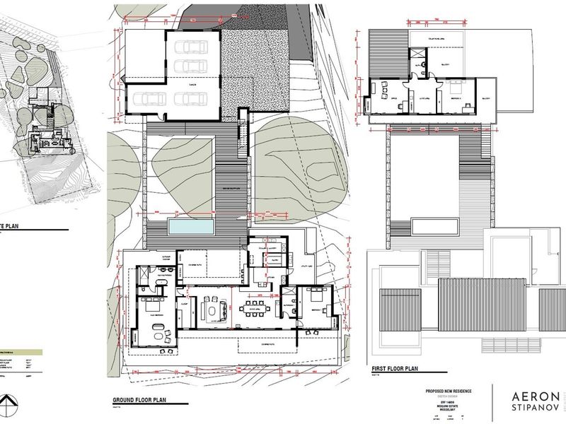 Architectural floor plans and site plan for a proposed new residential development, detailing the layout of the ground and first floors.