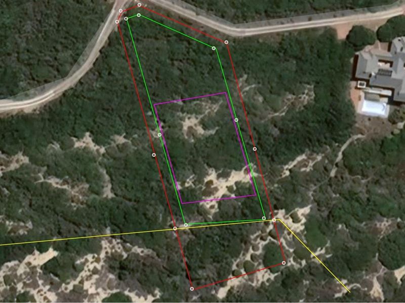 Aerial view of a vacant residential plot featuring natural vegetation and boundary markings.
