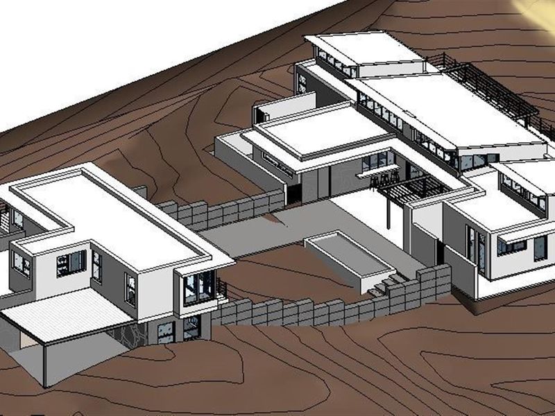 A 3D architectural rendering showing the proposed layout and design of a modern multi-level residential property on a sloped site.