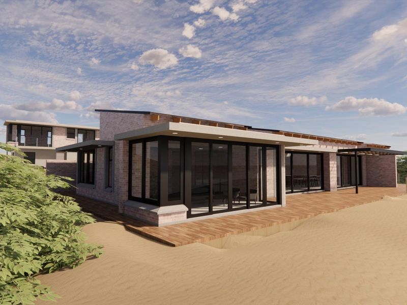 A 3D architectural rendering of a modern residential property featuring a brick exterior, expansive glass sliding doors, and a spacious timber deck.