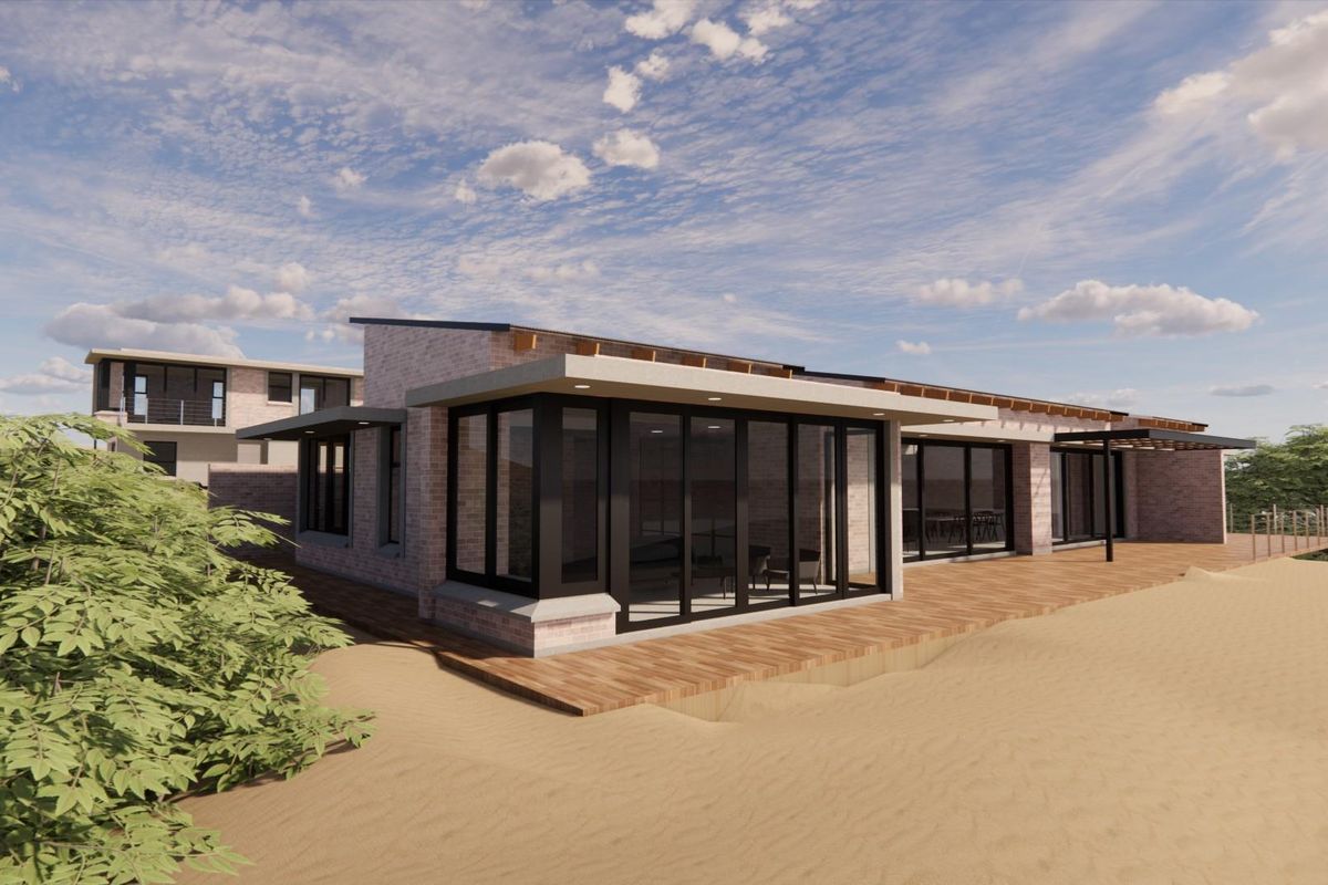 A 3D architectural rendering of a modern residential property featuring a brick exterior, expansive glass sliding doors, and a spacious timber deck.