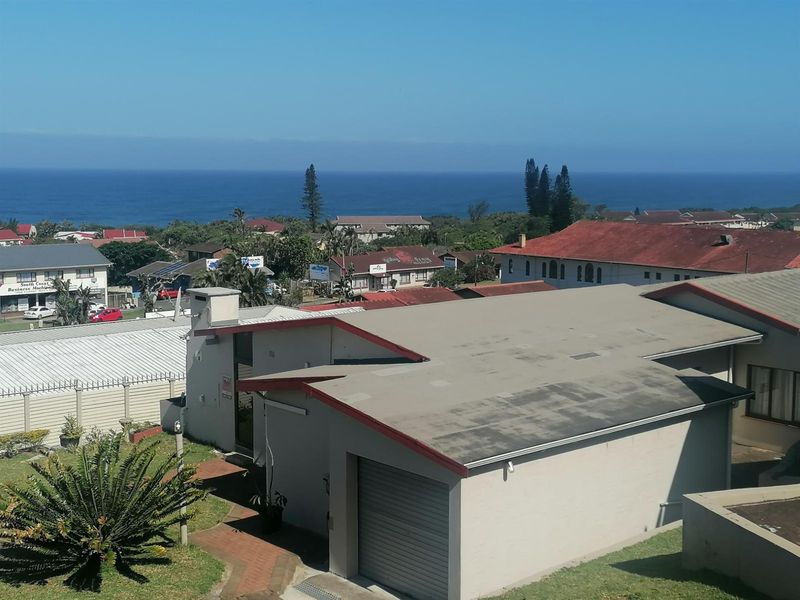 Elevated view overlooking the surrounding neighborhood and coastline, featuring residential rooftops and a clear ocean horizon.