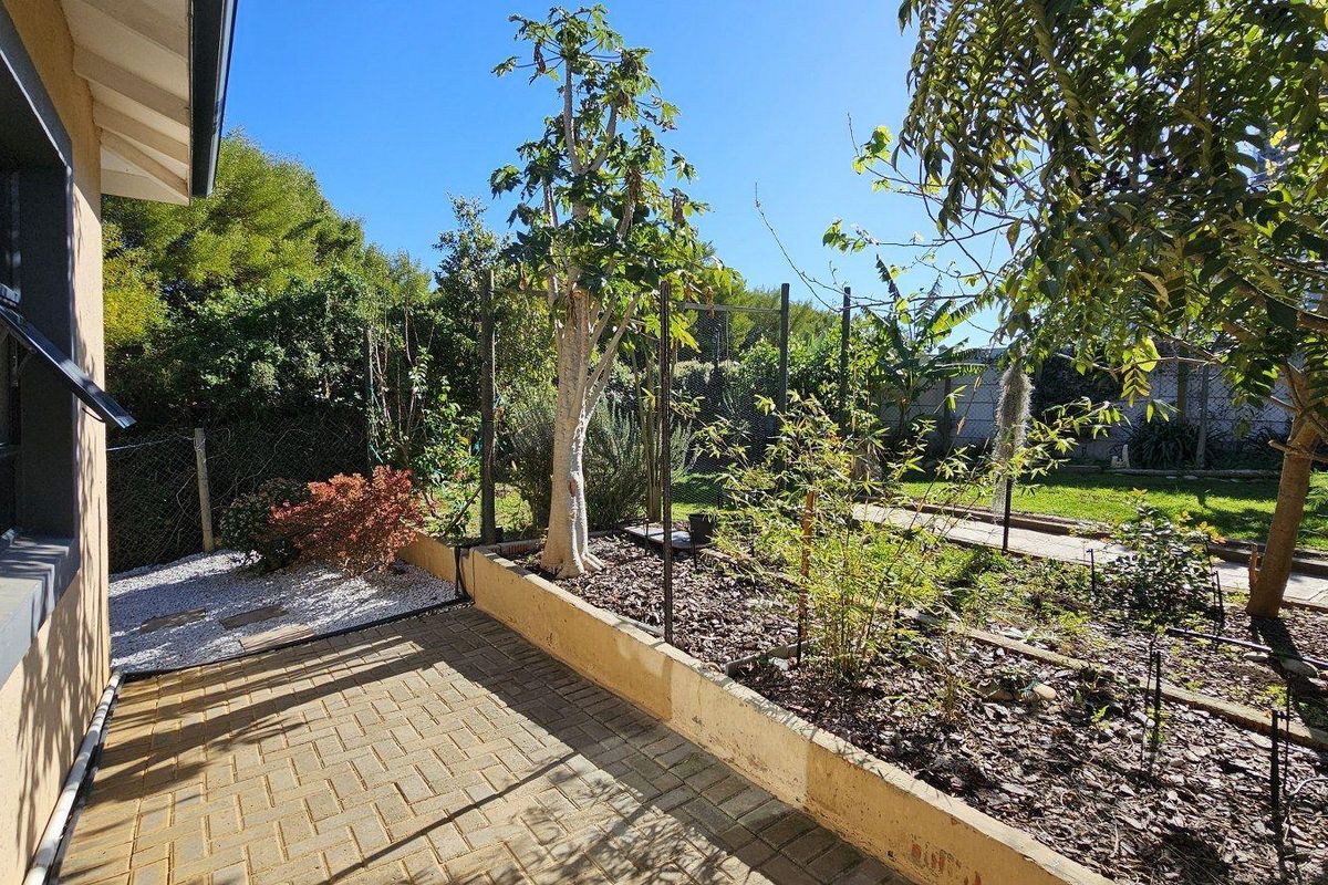 A rear garden area featuring a paved patio, raised garden beds with retaining walls, and established trees and shrubs.