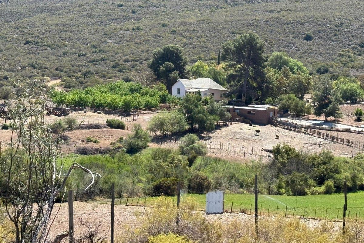 An elevated aerial view of a rural farm property featuring a farmhouse, outbuildings, fenced paddocks, and an established orchard set against a mountain backdrop.