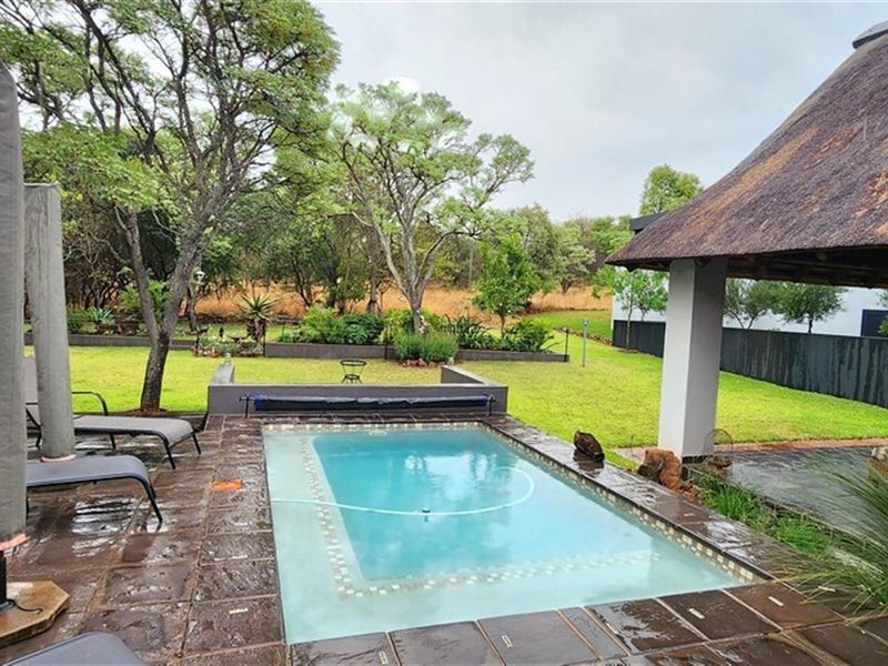 Outdoor pool area featuring a paved patio, a small swimming pool, and a covered thatched-roof structure overlooking a landscaped garden.