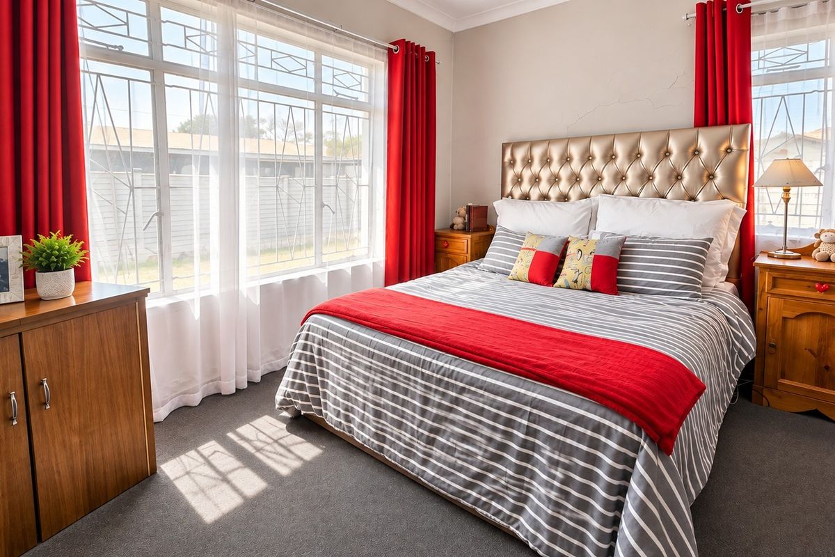A well-lit bedroom featuring large windows with security bars, carpeted flooring, and decorative coving, providing a comfortable and functional sleeping space.