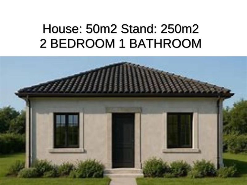 Front elevation of a modern single-story house featuring a tiled roof, dark-framed windows, and a central entrance, set on a landscaped plot.