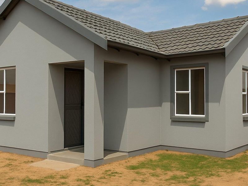 A modern single-story house exterior featuring a grey facade, tiled roof, and white-framed windows, set on a clear plot.
