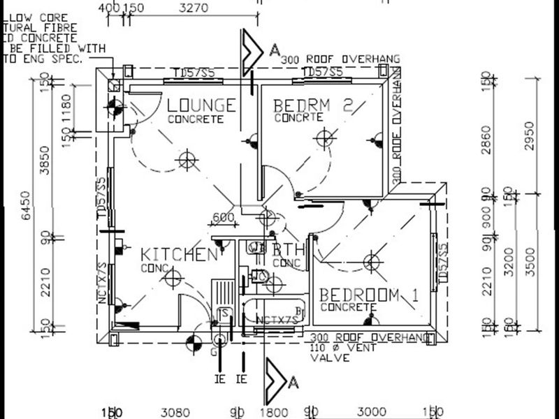 Architectural floor plan showing the layout of a house including a lounge, kitchen, bathroom, and two bedrooms.