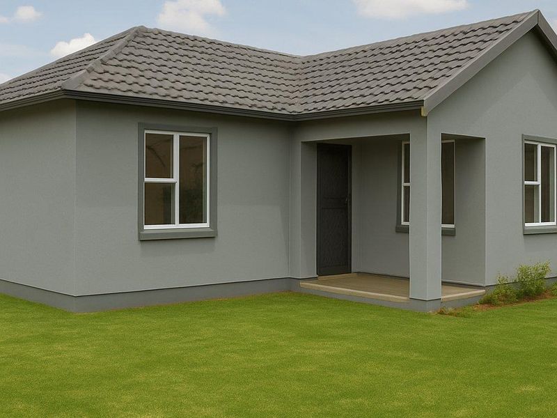 A modern single-story house exterior featuring a tiled roof, grey rendered facade, and a covered entrance porch set against a well-maintained lawn.