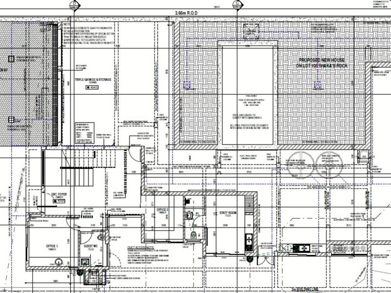 Architectural floor plan detailing the proposed residential layout, including a triple garage, swimming pool, offices, staff quarters, and utility storage areas.
