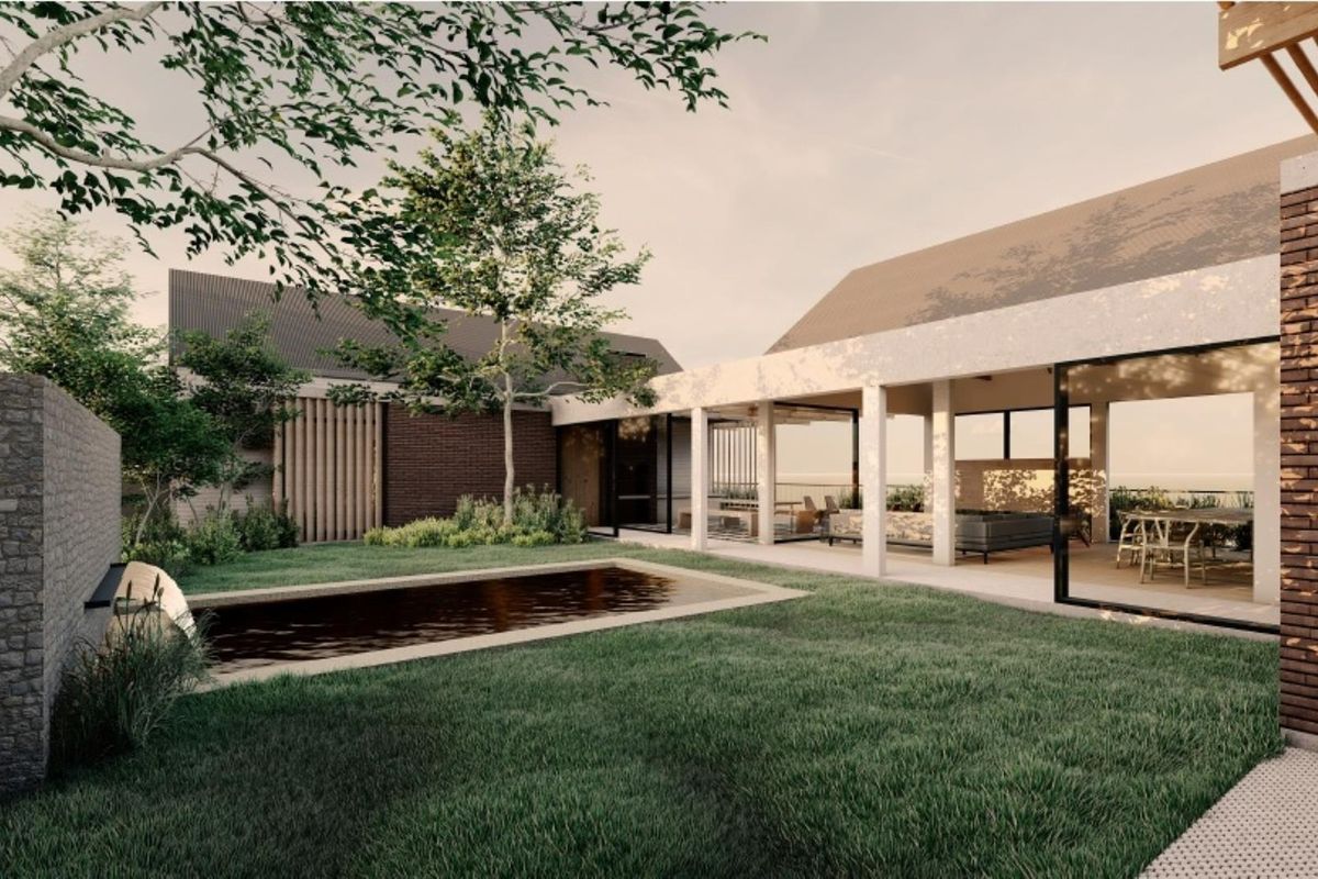 A modern architectural rendering of a rear garden featuring a swimming pool, manicured lawn, and a spacious covered patio area.