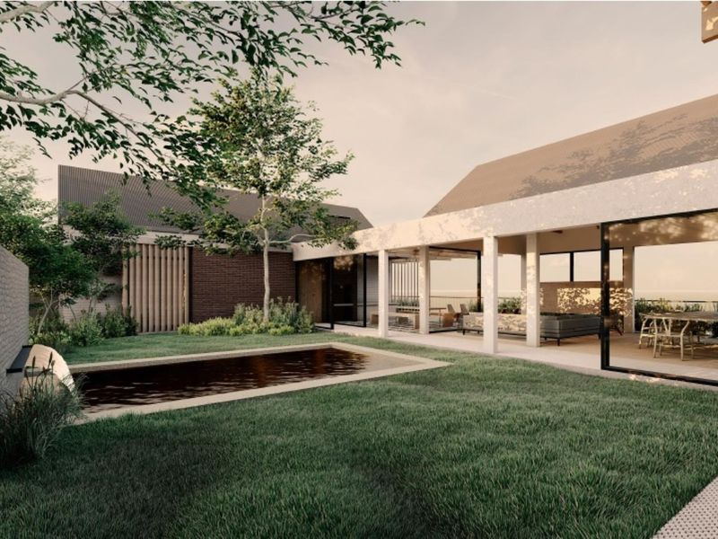 A modern architectural rendering of a rear garden featuring a swimming pool, manicured lawn, and a spacious covered patio area.