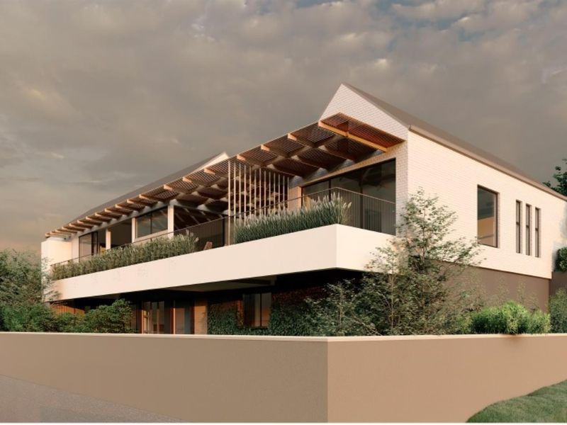 A modern architectural rendering of a residential property featuring a spacious balcony with a timber pergola and clean, contemporary lines.