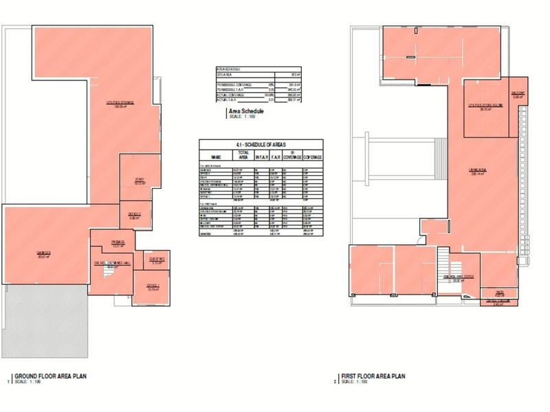 Architectural floor plan showing the layout of the ground and first floors, including area schedules and room designations.