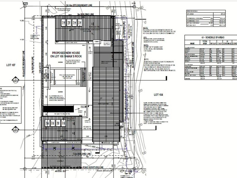 Architectural site plan for a proposed new residential house on Lot 105, including building lines, pool placement, and site coverage details.
