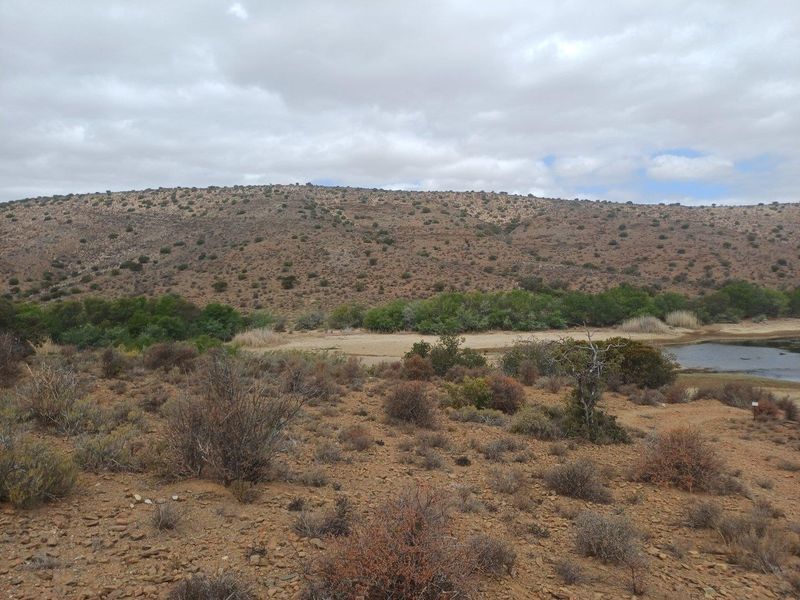 A scenic landscape view of the farm property featuring natural vegetation, rocky terrain, and a small water body against a backdrop of hills.