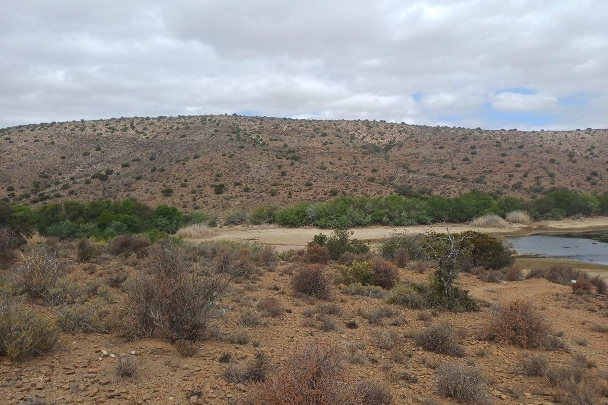 A scenic landscape view of the farm property featuring natural vegetation, rocky terrain, and a small water body against a backdrop of hills.