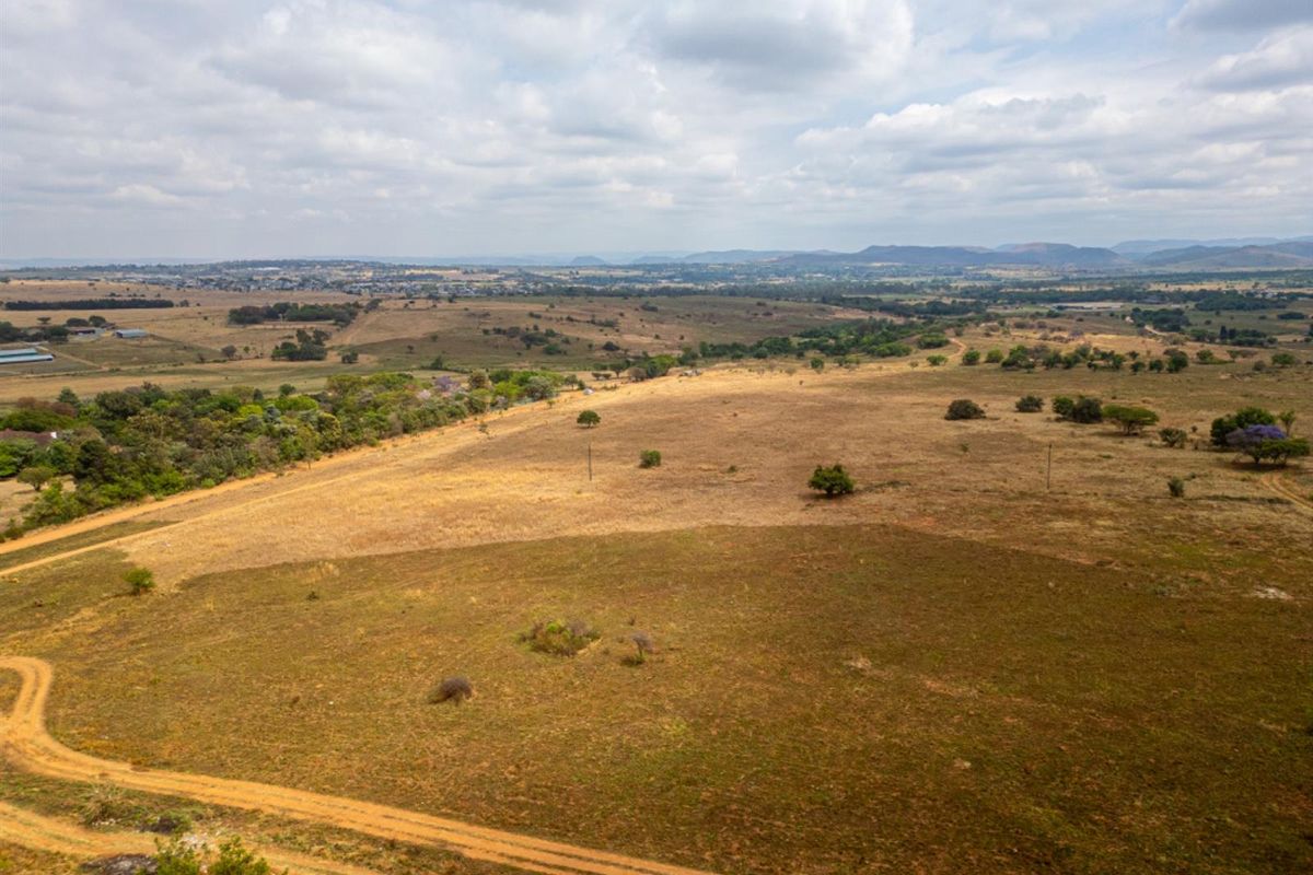 An aerial view of a large, undeveloped residential land parcel featuring open grassland, scattered trees, and a dirt access track.