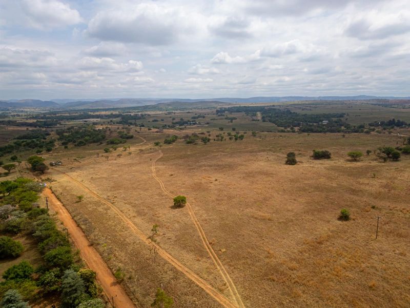 An aerial view of a large, undeveloped residential land plot featuring natural vegetation, dirt access tracks, and distant mountain views.